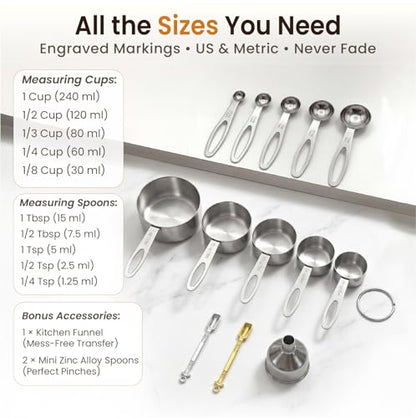 13PCS Stainless Steel Measuring Cups and Spoons Set with Funnel, Stackable Metal Measuring Cup and Spoon Set for Baking Cooking, Dishwasher Safe Kitchen Tools with for Dry & Liquid Ingredients