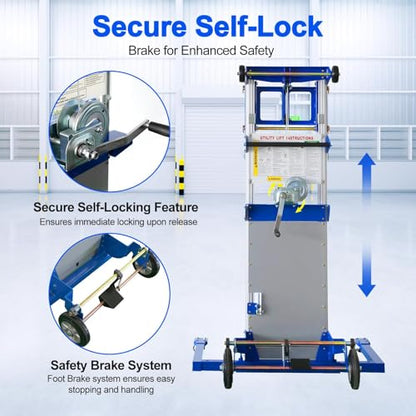 122" Material Lift Winch Stacker, 400 lbs Capacity Manual Material Lifts, Adjustable Straddle Material Lifter, Hand Winch Lift Trucks for Warehouse, Factory, Lightweight, 42.90" L x 43.30" W - color: Blue Adjustable Legs