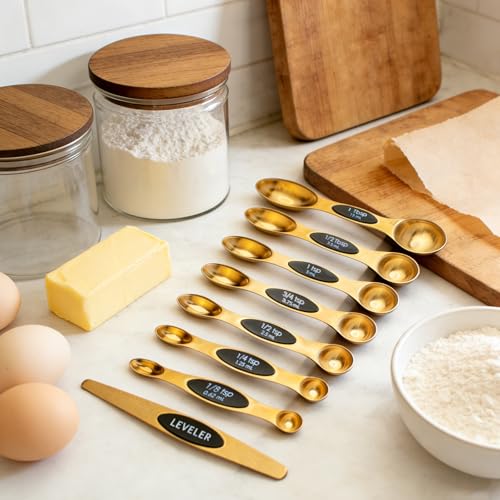 12-Piece Gold Magnetic Measuring Cups and Spoons Set，4 Premium Stainless Steel Gold Measuring Cups，8 Magnetic Measuring Spoons Set with Leveler，Measuring for Dry & Liquid Cooking Baking for Kitchen