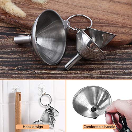 3-Piece Stainless Steel Kitchen Funnel Set with 2 Brushes - Stackable Metal Funnels for Essential Oils, Perfume Bottles, Spices, Liquids & Dry Ingredients (Food-Grade, Rust-Proof)
