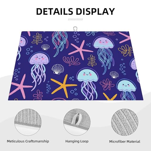 Cute Jellyfish and Starfish Dish Drying Mat for Kitchen Counter Microfiber Absorbent Reusable Washable 18x24in - color: Cute Jellyfish And Starfish