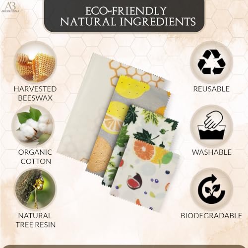 7 PCS Beeswax Wraps for Food – Reusable Bees Wax Wraps | Organic Beeswax Food Wrap for Sandwiches, Cheese, Vegetables & Bowls