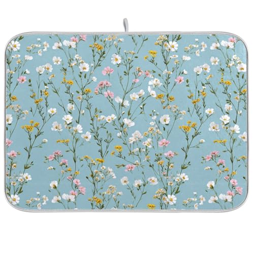 Dish Drying Mat for Kitchen Counter White Pink Flowers Blue Absorbent Drying Dish Mat 16×18 inch Dish Rack Pad Coffee Mat for Sink Dishes Under Rack - color: multicolored.13, size: 16x18in