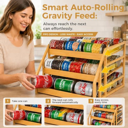 MinBoo 3-Tier Bamboo Can Organizer for Pantry - Holds 36 Cans (9/12/15) - Stackable Canned Food Dispenser with Adjustable Dividers - Gravity-Fed Rolling Storage Rack for Kitchen Cabinets