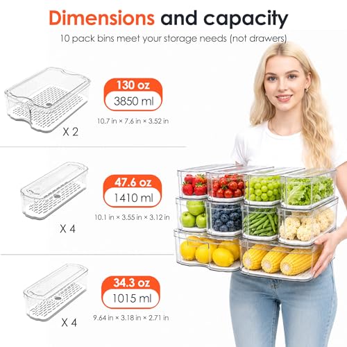 SMRCAD 10 Pack Clear Fridge Organizer Bins with Drain Trays - Stackable | BPA-Free PET, 10 Pack: 10 lidded Bins (Not drawer), Helps Keep Produce Fresh, 17.4L Capacity, Hand Wash Only - size: 10 Bins (No Pull-out Drawer)