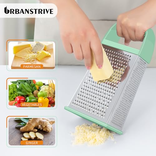 Urbanstrive Cheese Grater With Container, Professional Cheese Grater with Handle, Stainless Steel Graters for Kitchen Handheld, Box Grater with 4 Sides for Vegetables, Ginger, Potatoes (Mint Green) - color: Mint Green