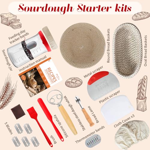 Sourdough Starter Kit,Gift for Bakers Sourdough Bread Baking Supplies,34oz Starter Jar, 2 Cotton Rope Proofing Baskets & More for Sourdough Starter Bread Making Baking Fermentation