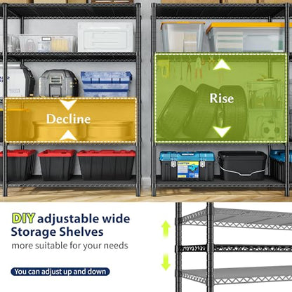 Romorgniz 70.8" H Storage Shelves, 5-Tier Metal Shelving 1200 High-Load Heavy Duty Wire Shelving, Adjustable Metal Shelves-L Shaped Wire Shelving Units for Kitchen Garage Pantry, 52.36" W x13.78 D - size: 13.78"D x 52.36"W x 70.8"H