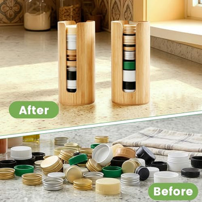 2 Pack Bamboo Mason Jar Lid Organizer - Fits 24 Wide & Regular Mouth Lids | Vertical Pantry Storage Rack for Kitchen Cabinet & Countertop | Space-Saving Canning Jar Accessories
