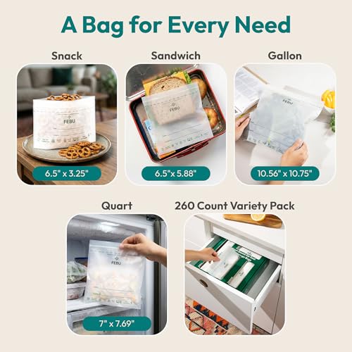 FEBU Compostable Food Storage Bags Variety Pack, 260 Count | Compostable & Biodegradable | PFAS & BPA Free | Drawer Organizer Box | 90 Snack, 90 Sandwich, 50 Quart, 30 Gallon - size: Variety Pack
