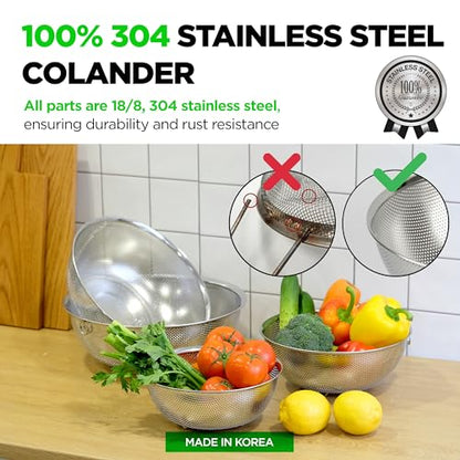 Premium 18/8 304 Stainless Steel Micro-Perforated Small and Big Colander Set of 4 with rings - 3.5-5.5-7.5-9.5 Quart Set, Self-Draining Solid Base for Pasta, Fruits, Vegetables - size: 3.5+5.5+7.5+9.5QT Colander