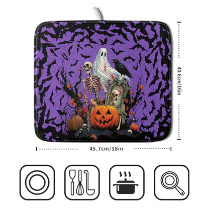 Giwawa Halloween Pumpkin Dish Drying Mat 16x18 inch Spooky Ghost Bat Dish Rack Mats Microfiber Draining Pad Fast Dry Holiday Kitchen Accessories - color: Halloween Purple, size: 16x18 inch