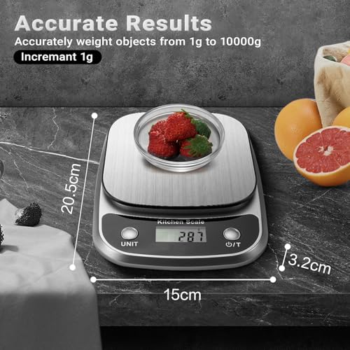 GRAM PRES Food Kitchen Scale Digital Weight Grams and Oz 10kg/1g | Professional Digital Kitchen Food Scales for Weight Loss Dieting Baking Cooking,Stainless Steel Weighing Platform,LCD Display - color: Silver-K1905-10kg