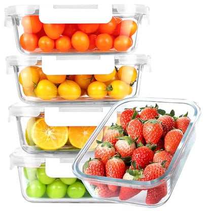 KOMUEE 30 oz 5 Pack Glass Meal Prep Containers, Glass Storage Containers with Lids - Dishwahser, Microwave, Oven and Freezer Safe, White - color: White