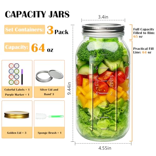 64 oz Wide Mouth Mason Jars, Large Half Gallon Mason Jar with Lid and Band, 2 Quart Glass Canning Jars for Pickling, Preserving, Fermenting, Beverages, DIY Crafts, 3 Pack