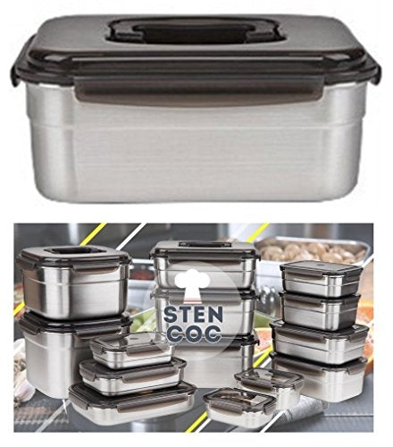 STENCOC Stainless Steel BPA Free Rectangular Leakproof Airtight Kimchi/Pickle/Food Storage Container Saver (3L / 101oz / 9.8") One Handle Half-Transparent Lid Stackable