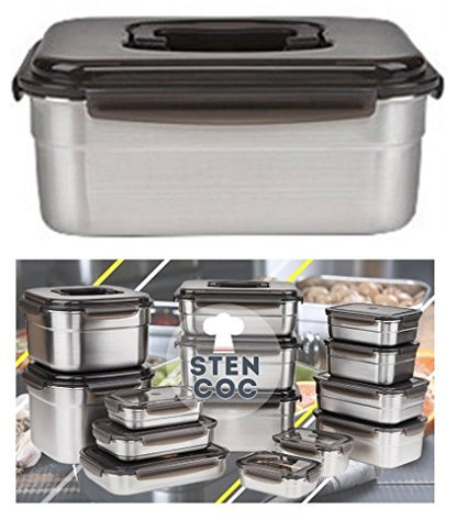 STENCOC Stainless Steel BPA Free Rectangular Leakproof Airtight Kimchi/Pickle/Food Storage Container Saver (3L / 101oz / 9.8") One Handle Half-Transparent Lid Stackable