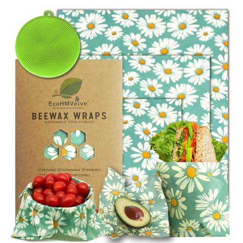 Beeswax Wraps for food 3-Pack, bee wraps reusable with Multi-function brush, Eco-Friendly to Wrap Fruits & Bread,sandwich Wraps (S,M,L) with Daisy Design