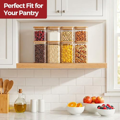 6-Pack Square Glass Pantry Storage Containers with Lids, Airtight Stackable Pantry Organization and Storage Set (1.6 Qt/1 Qt) for Snacks, Cereal & Coffee - size: 1.6Qt*3+1Qt*3