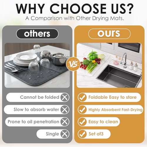 3 PCS Large Stone Dish Drying Mat for Kitchen Counter -24"x16" Absorbent Diatomaceous Earth Mat with Stone Faucet Mat & Soap Tray - Quick Dry, Collapsible, Non-Slip Countertop Organizer - color: Gray Marble