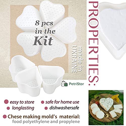 PetriStor 8 pcs Small Cheese Mold Heart 1/3QT - Feta Soft Cheese Mold for Cheese Making - Homemade Cheese Making Supplies - Cream Cheese Form Mold - Molde Para Queso Fresco Casero