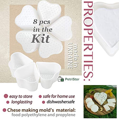 PetriStor 8 pcs Small Cheese Mold Heart 1/3QT - Feta Soft Cheese Mold for Cheese Making - Homemade Cheese Making Supplies - Cream Cheese Form Mold - Molde Para Queso Fresco Casero