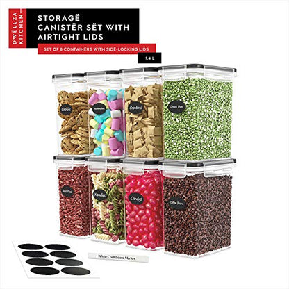 DWËLLZA KITCHEN Airtight Food Storage Container Set - 8 Pieces 1.4L - Plastic BPA Free Kitchen Pantry Storage Containers with Lids - Dishwasher Safe - Include 8 Labels - Keeps Food Fresh & Dry - color: 01 - 1.4L (Set of 8)
