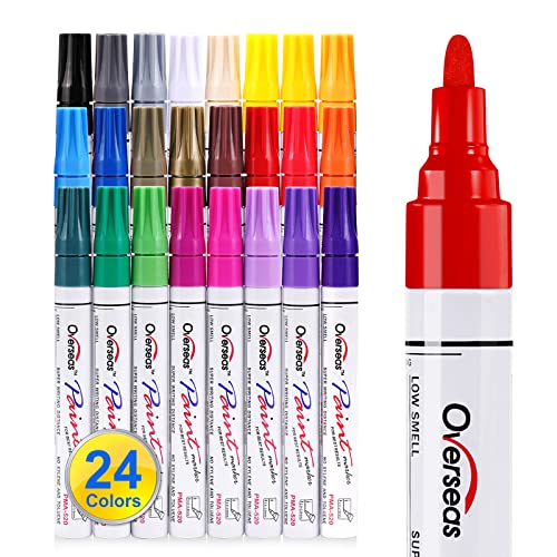 Overseas 24 Colors Paint Pens, Oil Based Permanent Paint Markers Medium Tip | Waterproof, Quick Dry, Fade Resistant, Assorted Colors Marker Pen for Metal, Rock, Wood, Rubber, Plastic, Glass, Canvas - size: 1 Count (Pack of 24)