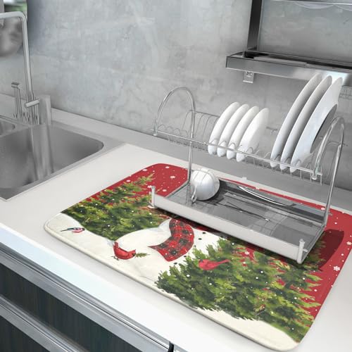 Christmas Tree Snowman Dish Drying Mats for Kitchen Counter 18×24 Inch Bird Snowflake Large Microfiber Drying Mat Kitchen Accessories Dish Rack Mat Drainer Pad Washable Absorbent - size: 18" x 24"