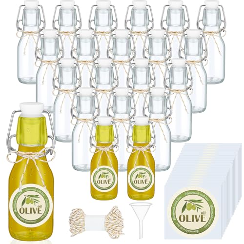 Queekay 20 Pack Mini Swing Top Glass Bottles for Vanilla Extract Homemade Olive Oil Bottles with Lids Airtight Cap Lids Labels for Wedding Baby Shower Favors (4 oz,Clear) - color: Clear, size: 4 oz