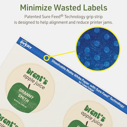 Avery Dissolvable Round Labels, Sure Feed Technology, 3" Diameter, Matte White, Print-to-The-Edge, Laser/Inkjet Printable, 30 Labels Total - style: 30 labels