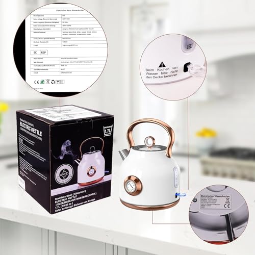 Retro Electric Kettle, 1.7L Stainless Steel Tea Kettle with Large Temperature Gauge, 1500W Fast Heating Hot Water Boiler with LED Indicator, Auto Shut-off & Boil-Dry Protection-Reteo White - color: Retro White