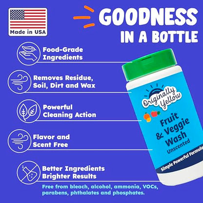 Originally Yellow USA Made Fruit And Vegetable Wash | Food-Grade Fruit and Veggie Wash With No Aftertaste | Powerful Cleaning &| Plant-Derived Produce Cleaner & fruit washer | 2 lb