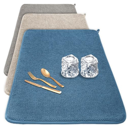 3 Pack XXL Dish Drying Mats,24×17" Absorbent Microfiber Dishes Drainer Mats,Large Size Pads for Kitchen Counter,Coffee,Rack,Under Sink(Beige,Blue,Gray)