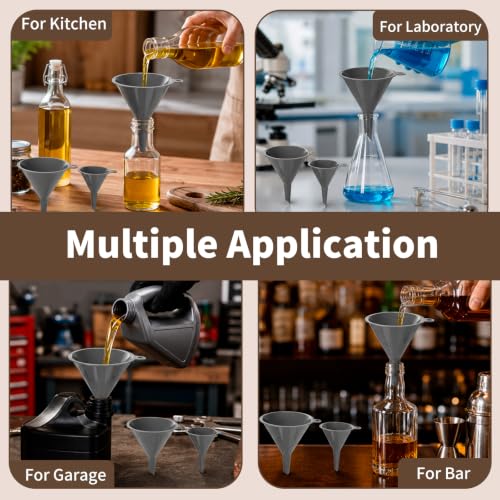 Plastic Kitchen Funnel Set, Round Food Grade Funnels for Kitchen Use Filling Bottles&Canning, Multifunctional Funnels Suitable for Cooking, Lab and Automotive Use, Grey(3 Steel Loops + 1 Clean Brush)