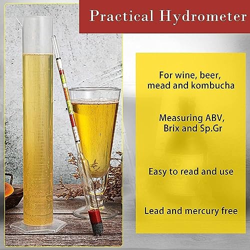 3 Pcs Scale Hydrometer and Test Jar Combo Include 1 Scale Hydrometer with Storage Bag and 250 ml Plastic Cylinder for Wine Beer Mead