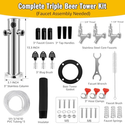 3 Tap Beer Tower Stainless Core Beer Faucet Kegerator Tower Draft Beer Tap Tower Dispenser Pre-Installed Kegerator Tap Tower Kit with Self-Closing Spring Keg Tap Beer Brewing Kit - size: Triple Tap Beer Tower