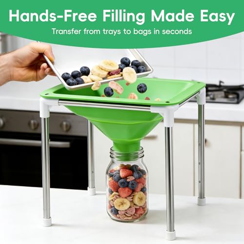 HOOMESUN Extra Large Silicone Funnel for Harvest Right Freeze Dryer, 12" Wide Mouth Fits All Trays, Reinforced Stable Stand with Adjustable Height, Collapsible Non-Stick, for Mylar Bags & Jars (Green)