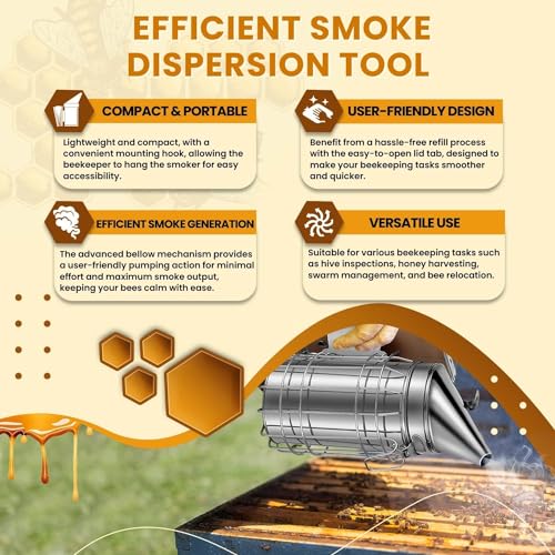 Flexzion Beehive Smoker - Bee Smoker Stainless Steel for Beekeeping, Durable Bellow & Heat Shield, Safe Bee Hive Smoker with Mounting Hook, Compatible with Bee Smoker Pellets