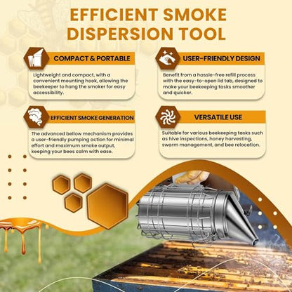 Flexzion Beehive Smoker - Bee Smoker Stainless Steel for Beekeeping, Durable Bellow & Heat Shield, Safe Bee Hive Smoker with Mounting Hook, Compatible with Bee Smoker Pellets