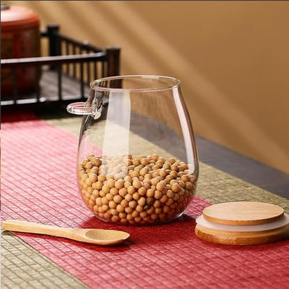 Airtight glass jar storage container with bamboo lid Set of 4, wide mouth, leak-proof, With a spoon, can be used for coffee beans, tea leaves, grains, dried fruits, etc (Middle*4pcs) - color: Middle*4pcs