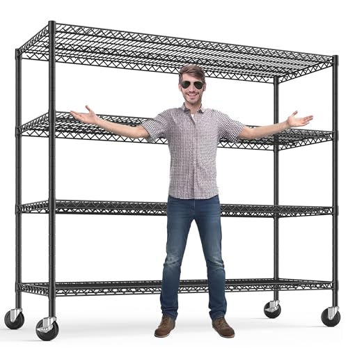 REIBII 2480LBS Capacity Heavy Duty Storage Shelves with Wheels, 1-Inch (25.4mm) Steel Tube, Adjustable Wire Shelving for Garage, Warehouse, Pantry & Commercial Use, 75.6" H x 55.5" W x 24" D - color: Black