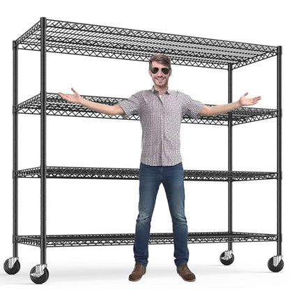 REIBII 2480LBS Capacity Heavy Duty Storage Shelves with Wheels, 1-Inch (25.4mm) Steel Tube, Adjustable Wire Shelving for Garage, Warehouse, Pantry & Commercial Use, 75.6" H x 55.5" W x 24" D - color: Black