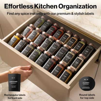 EDELHAUS Glass Spice Jars with Label, 24x Champagne Bronze Steel Lids | Airtight lids keep spices fresh; use as a spice organizer, seasoning containers or 4 oz jar set; funnel, brush & 240 labels - color: Champagne Bronze Stainless Steel Lid