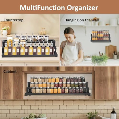 GOENDR Expandable Spice Rack Organizer for Cabinet, 3 Tier Metal Spice Organization,16"-29.5" Wide Adjustable Seasoning Organizer, Display Shelf, Canned Goods Organizer for Pantry Kitchen Countertop - size: Large-Black - Fits 10.9" Deep Cabinet