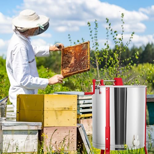 Garvee Enlarged 2/4 Frames Honey Extractor, Food Grade Stainless Steel Manual Beekeeping Extraction, Honeycomb Drum Spinner with Adjustableheight Legs, Transparent Lid, for Apiarys, Beekeepers & Beehi