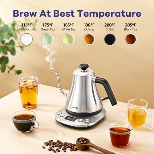 Mecity Electric Gooseneck Kettle With LCD Display Automatic Shut Off Retro Coffee Kettle Temperature Control Hot Water Boiler to Pour Over Tea, 1200 Watt Quick Heating Tea Pot, 0.8L, Stainless Steel - color: Stainless Steel