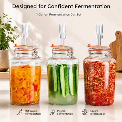 1 Gallon Fermentation Jars with Airlocks & Glass Weights, 2-Pack | Self-Burping Airlocks Vent Gas, Glass Weights Keep Food Below the Brine for Easier, More Consistent Homemade Fermentation
