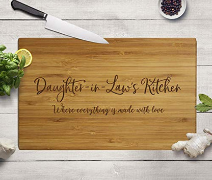Andaz Press Large Bamboo Wood Cutting Board Gift, 17.75 x 11-inch, Daughter-in-Law's Kitchen Where Everything is Made With Love, 1-Pack, Engraved Serving Chopping Board Chef Kitchen Ideas - color: Daughter-in-Law