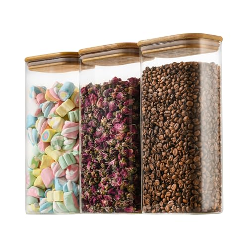 D2scrma 64oz Rectangle Airtight Glass Storage Containers with Bamboo Lids (Set of 3), Square Food Storage Jar, Pantry Organizers for Cereal, Flour, Pasta and Coffee beans (‎with Black Lable)